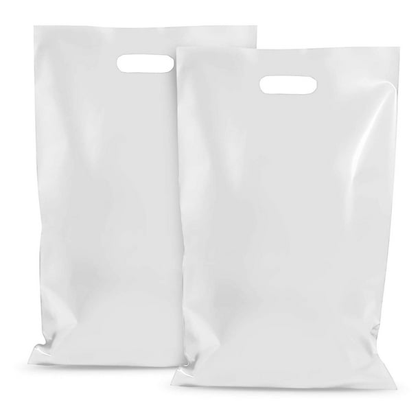 Trade Shows Pack of 100 White Polyethylene Retail Shopping Bags for Party Favors Inch Side Gusset for Bulkier Items AMZ Die Cut Handle Merchandise Bags 12 x 3 x 20 Thickness 1.25 Mil. Stores 